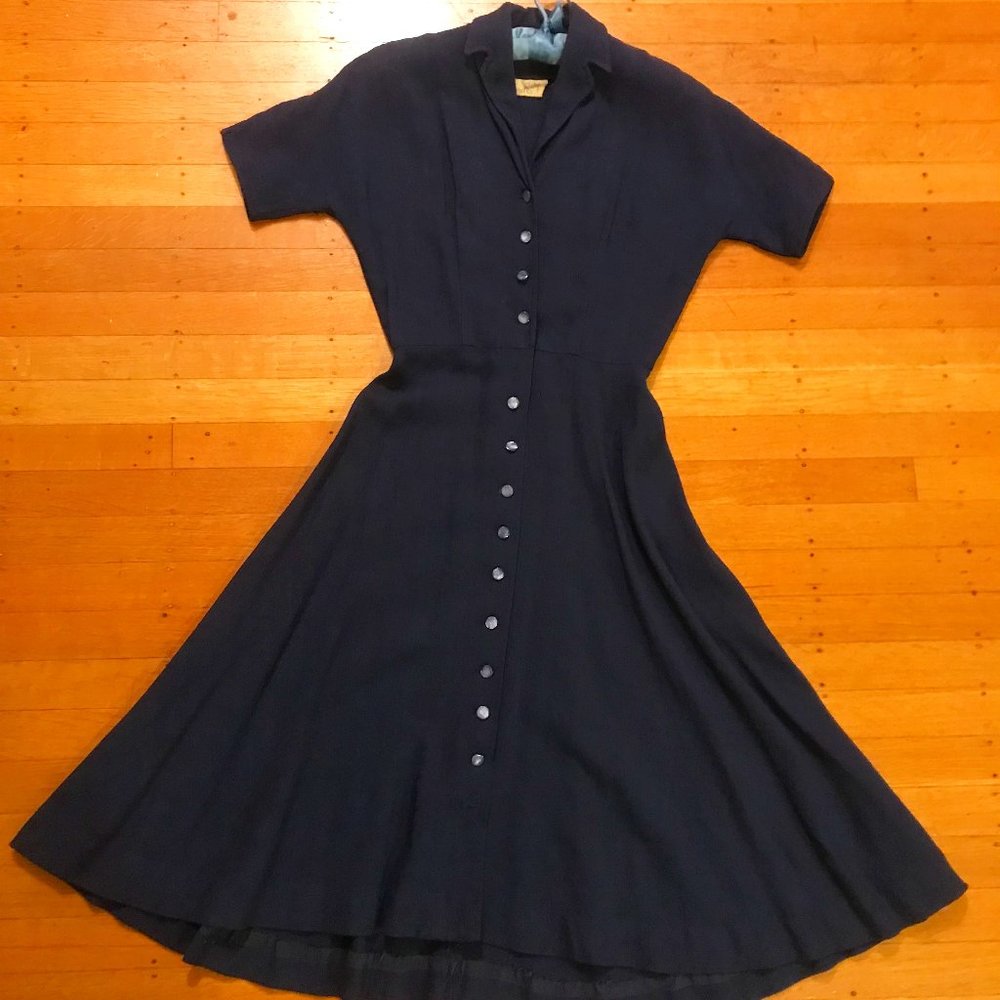 Vintage-1950s-Henry Rosenfield-Navy Linen Dress-Small